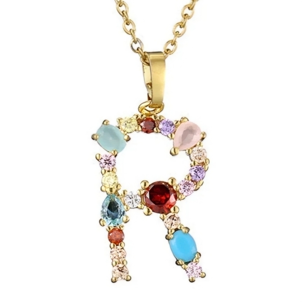 R Letter Pendant Necklace Multicolor Rhinestones Gold Tone Chain